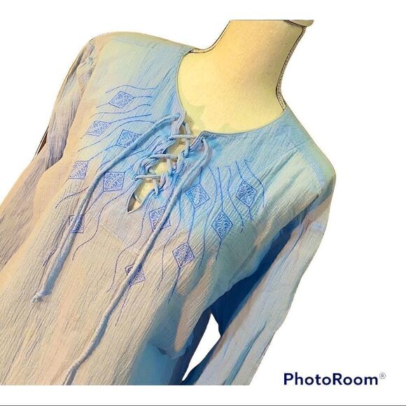 Pale Blue Cheesecloth Boho Embroidered Peasant Blouse - Picture 1 of 9